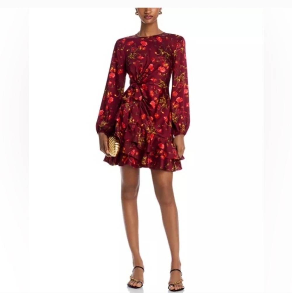 Cinq A Sept Alice Floral Satin Long Sleeve Rhubarb Dress, P2P 18, Length 34